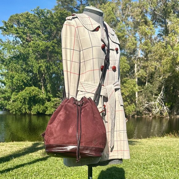 Patricia Nash Melrose Brushed Italian Nubuck Drawstring Bucket Bag Plum Key Fob - Picture 2 of 16